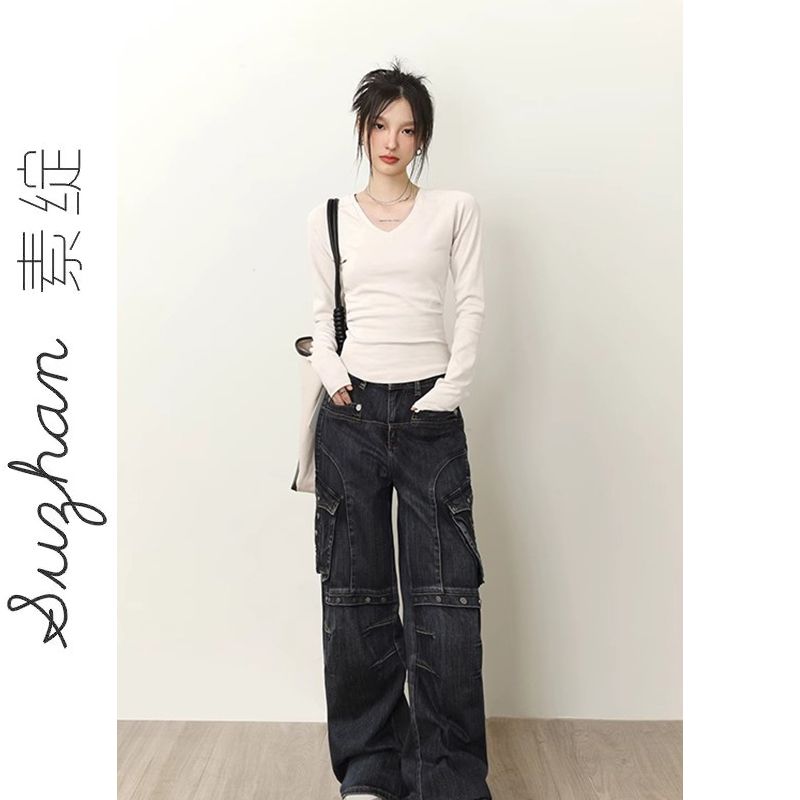 德絨保暖秋冬V領長袖T恤女新款修身內搭設計感小眾純色百搭上衣潮