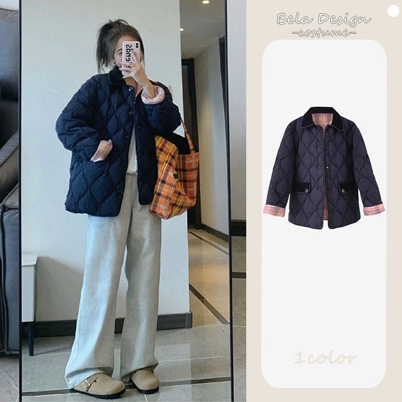 韓系正反雙面穿翻領菱格棉服女秋冬季格子撞色拼接小個子棉衣外套