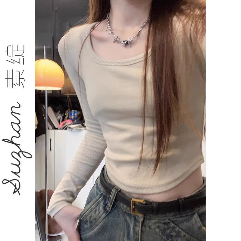 長袖不規則正肩短款T恤女秋冬方領修身時尚百搭德絨加絨打底上衣