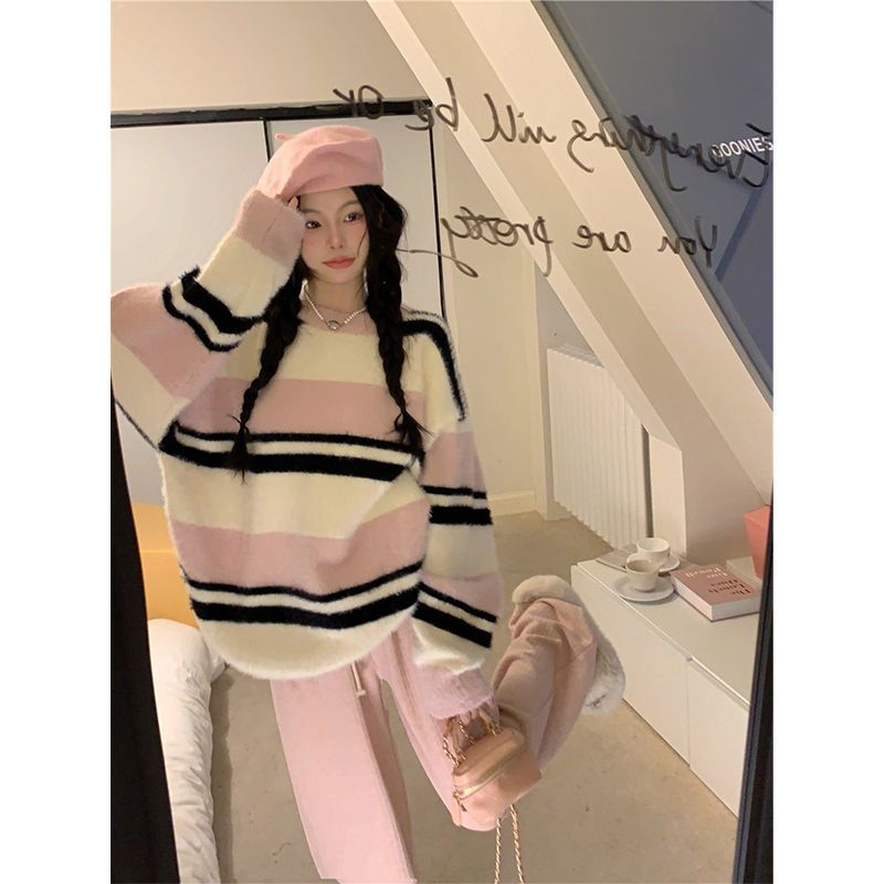 溫柔風奶fufu仿水貂絨條紋毛衣女秋冬新款寬鬆慵懶風減齡軟糯上衣