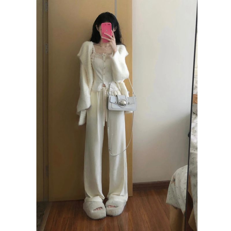 三件套女2023秋冬新款超溫柔軟糯仿貂毛毛外套內搭吊帶背心休閒褲