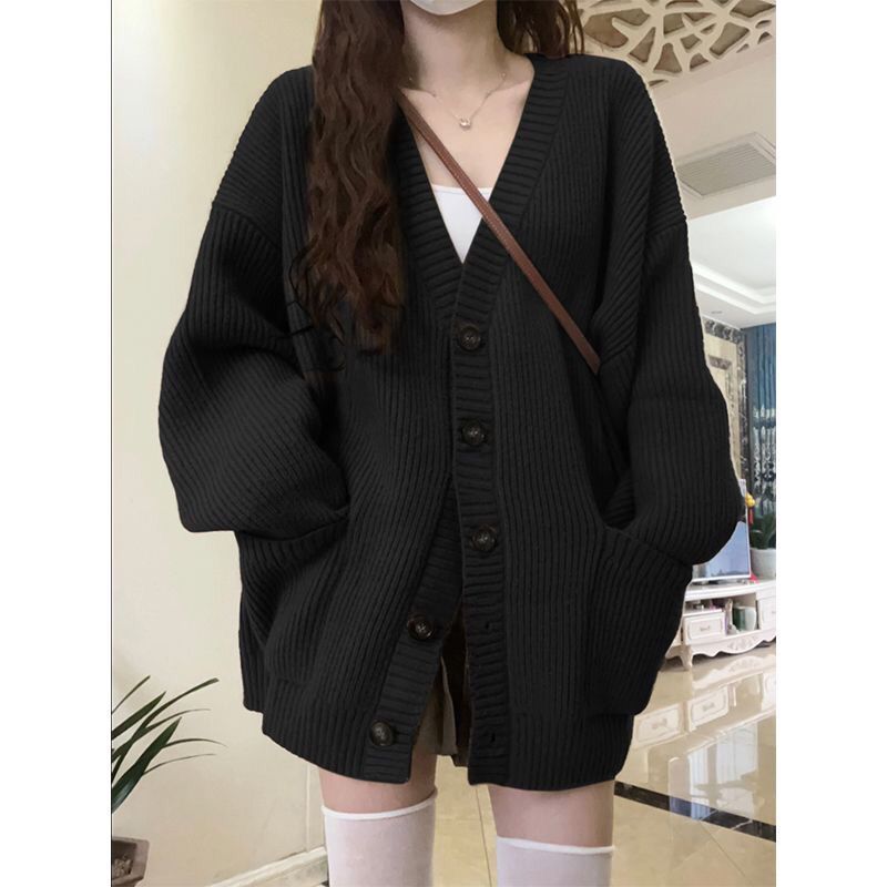 Black high-end lazy style V-neck outer sweater cardigan women's coat autumn and winter Korean style loose knitted sweater top