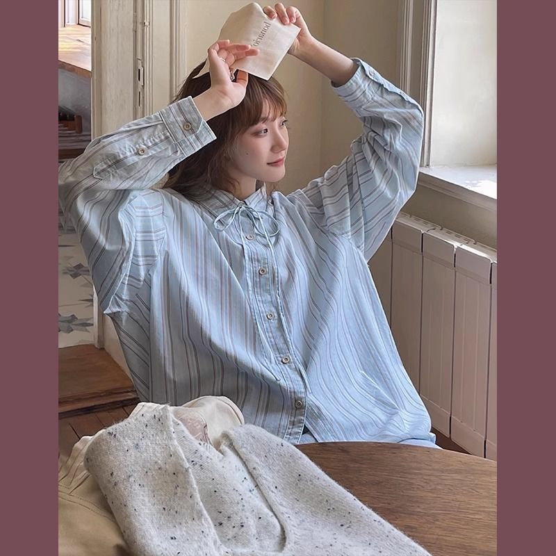 藍色襯衫女秋季新款綁帶設計感小眾法式長袖襯衣港味chic大碼上衣