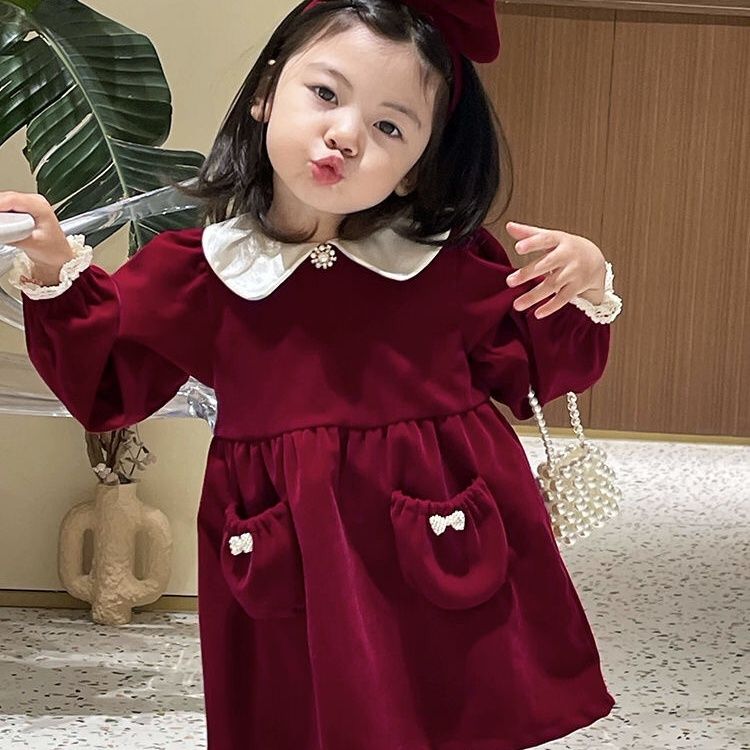 女童秋冬新款絲絨連衣裙周歲女寶寶禮服公主裙洋氣兒童生日絲絨裙