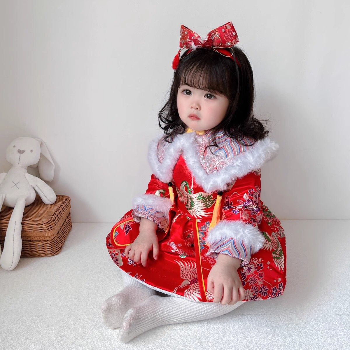 女寶抓周禮服秋冬小女孩周歲宴旗袍中式唐裝紅色中國風裙子拜年服