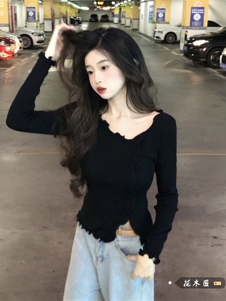 大碼胖mm純欲風長袖針織衫女秋冬設計感木耳邊修身開叉打底上衣潮