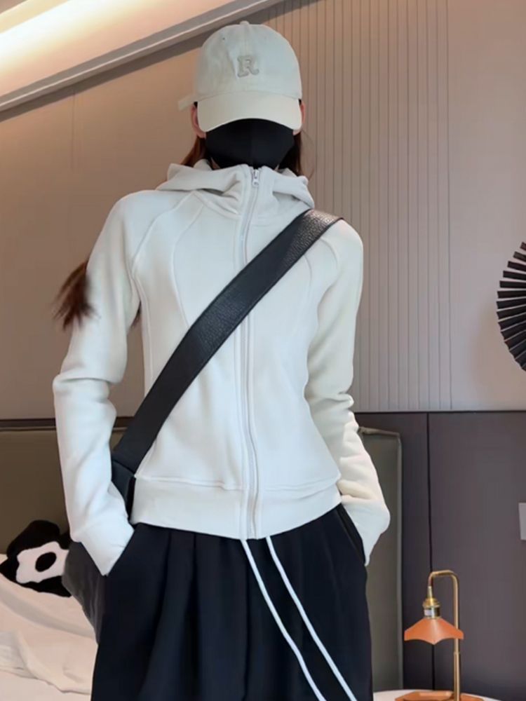 韓系氣質連帽衛衣拉鏈開衫純色秋冬長袖運動風上衣外套女
