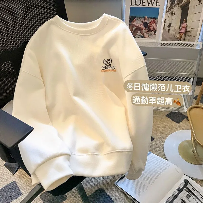 加大碼奶杏色圓領衛衣女秋冬新款加絨日系學院風百搭寬鬆情侶同款