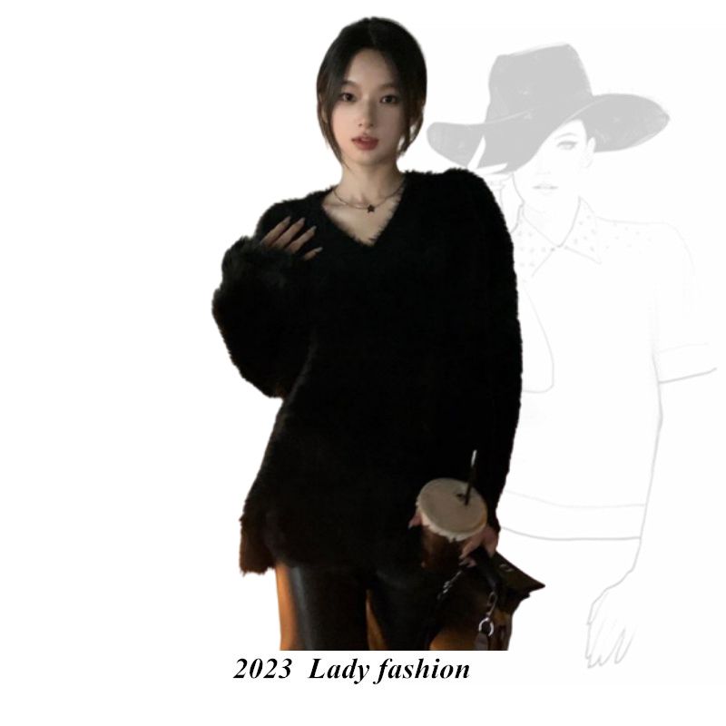 軟糯仿貂毛黑色毛衣女秋冬高級感超好看V領寬鬆內搭打底上衣加厚