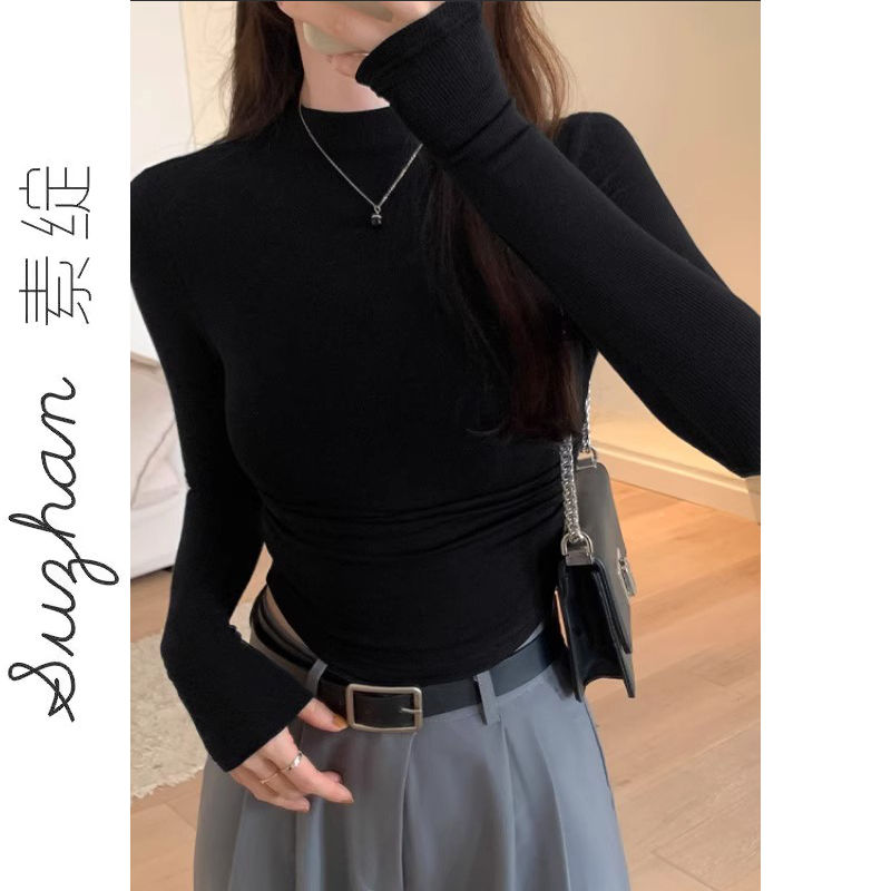 黑色純欲風半高領長袖T恤秋季內搭女短款修身設計感小眾辣妹上衣