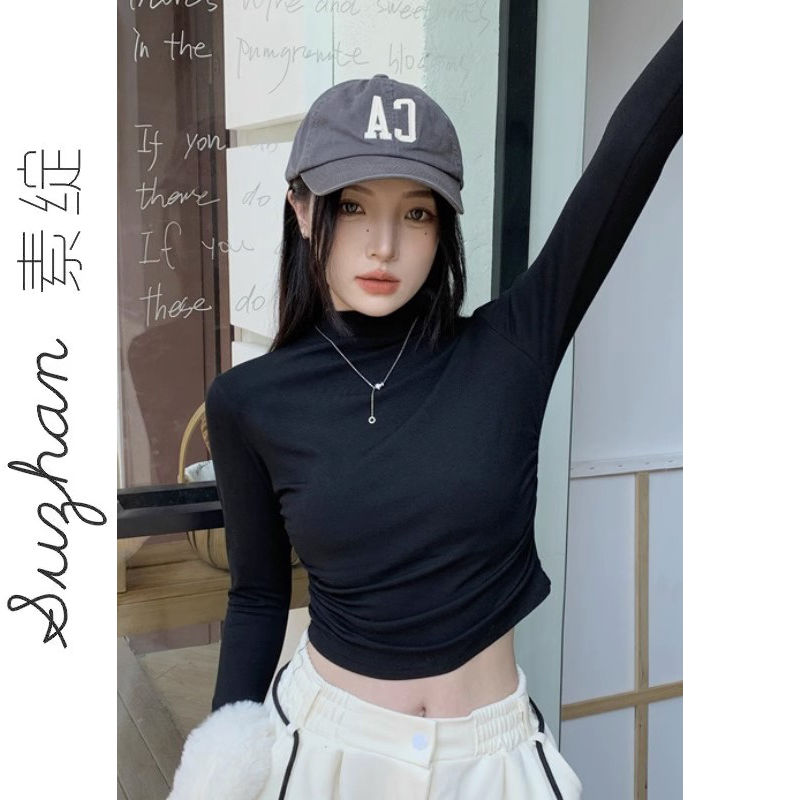 設計感甜辣妹正肩長袖半高領黑色T恤女秋季小個子休閒顯瘦短上衣