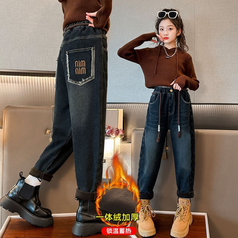 女童加絨牛仔褲中大童老爹褲2023新款冬裝兒童一體絨秋冬加厚褲子