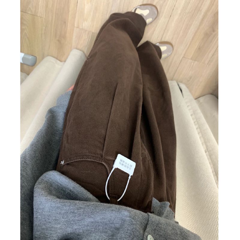 美拉德棕色褶皺闊腿牛仔褲女春秋小個子高腰直筒顯瘦垂感拖地長褲