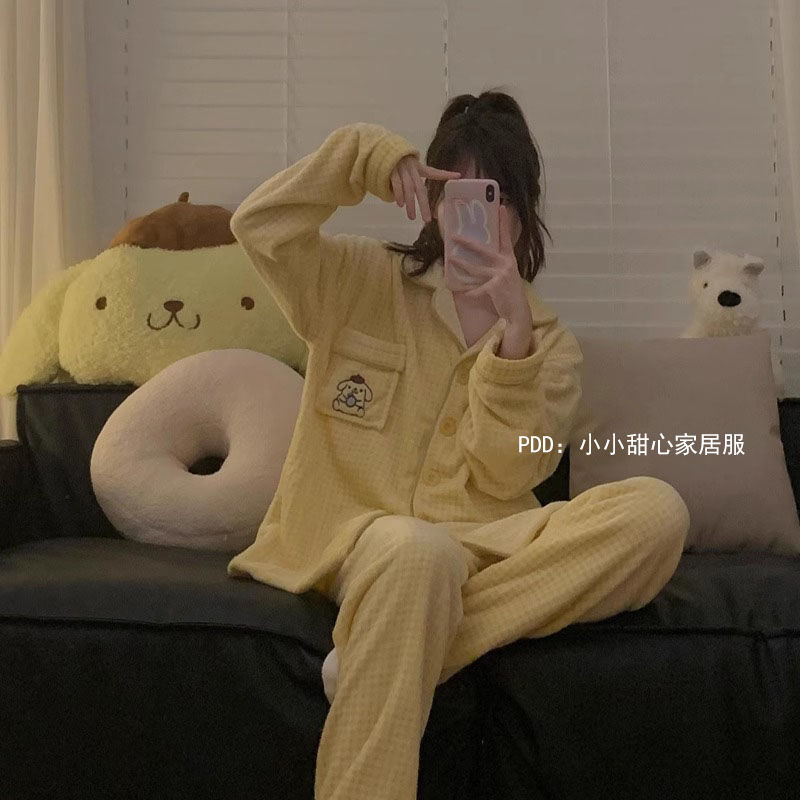 可愛布丁狗睡衣女冬季珊瑚絨保暖加厚毛絨款可外穿套裝家居服套裝