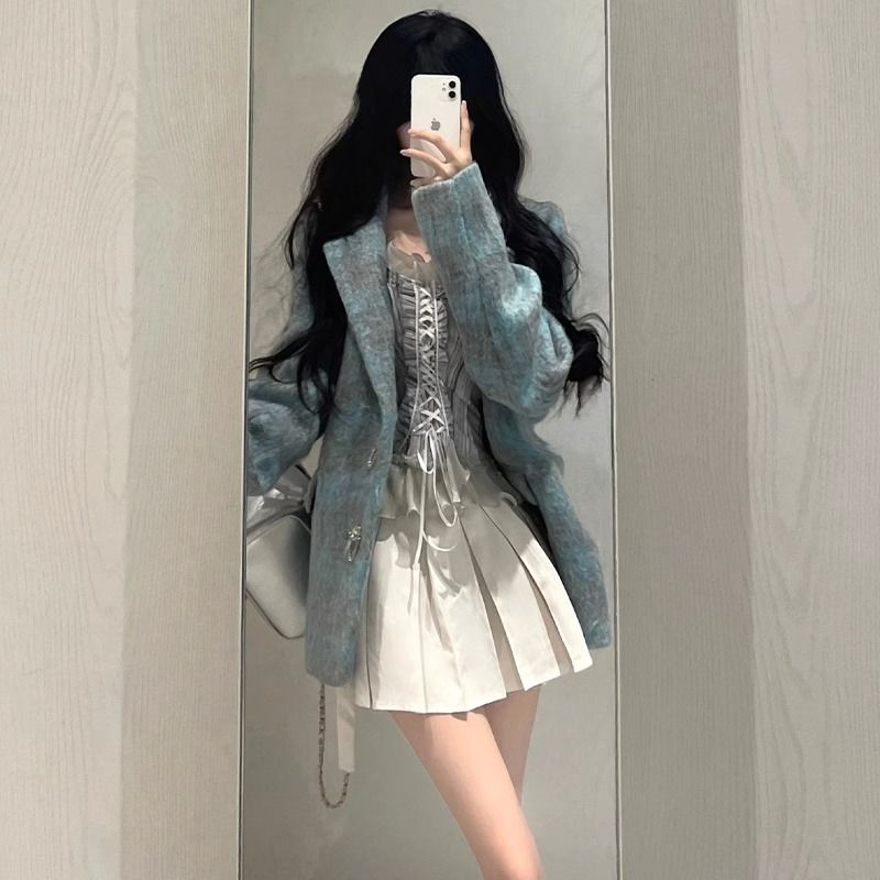 Korean style loose blue plaid suit woolen coat for women autumn and winter high-end mid-length temperament woolen coat