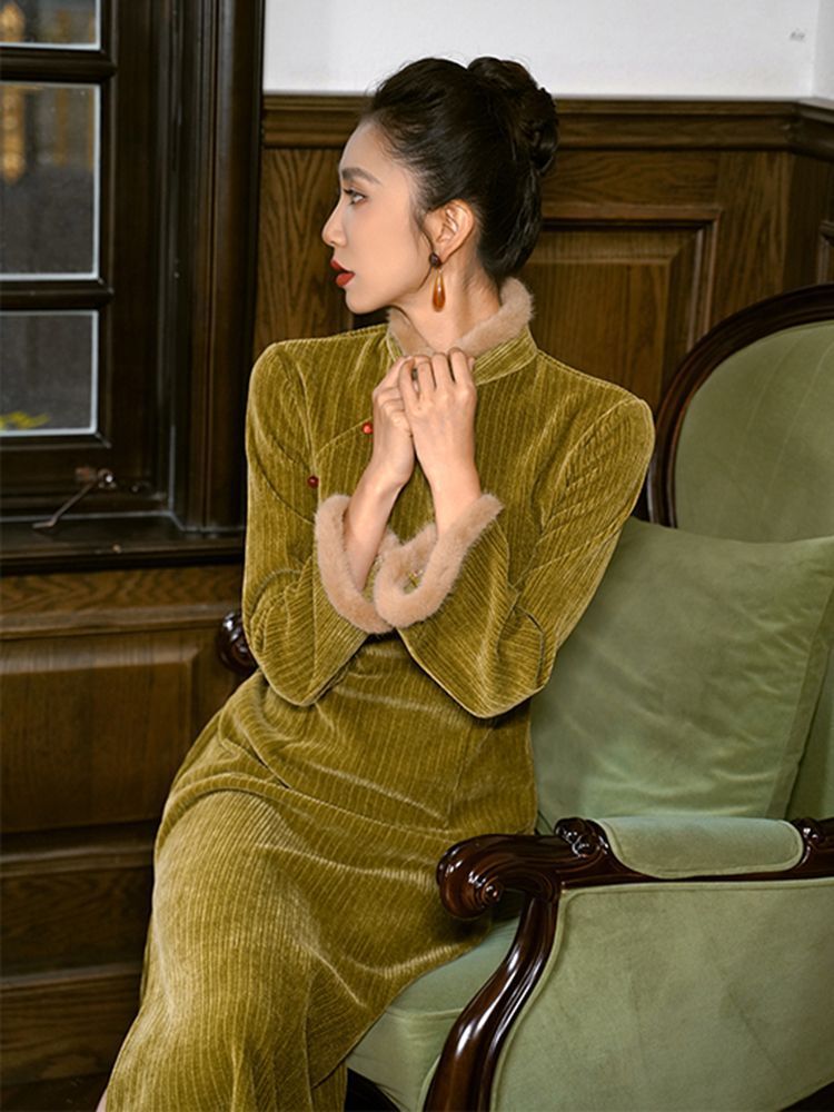 綠色改良版旗袍女2023年新款秋冬季新中式國風加厚加絨年輕款少女