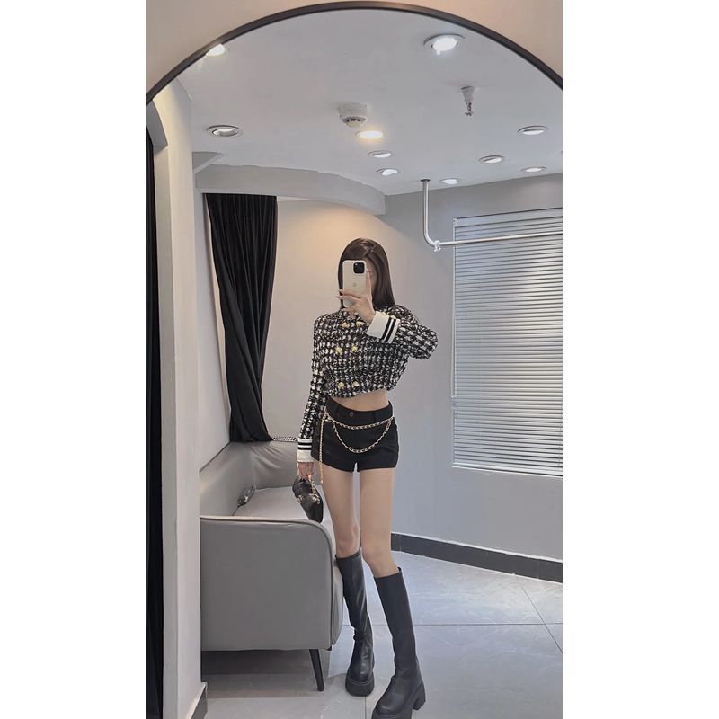法式富家千金套裝小香風黑色短款外套女裝秋季高腰短褲氣質兩件套
