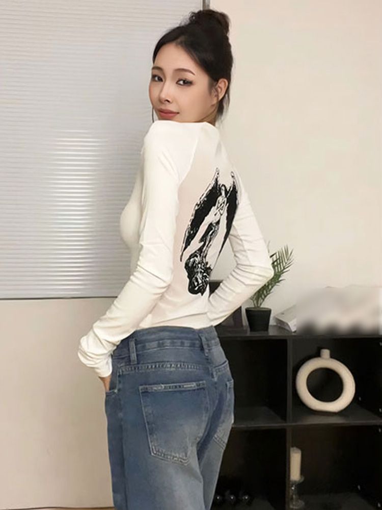 簡約美式辣妹修身天使印花內搭上衣2023秋冬氣質純欲百搭微透T恤