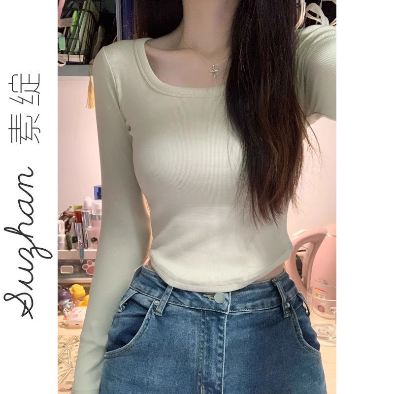 韓版純欲辣妹風方領德絨打底衫女秋冬短款修身顯瘦長袖T恤上衣ins