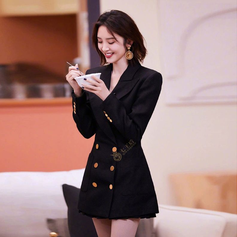 明星同款西裝連衣裙女春秋2024新款高腰雙排扣氣質職業小西服外套