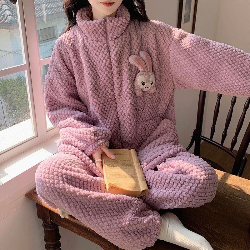 2023新款網紅睡衣女秋冬季加絨加厚爆款拉鏈可外穿家居服冬款套裝