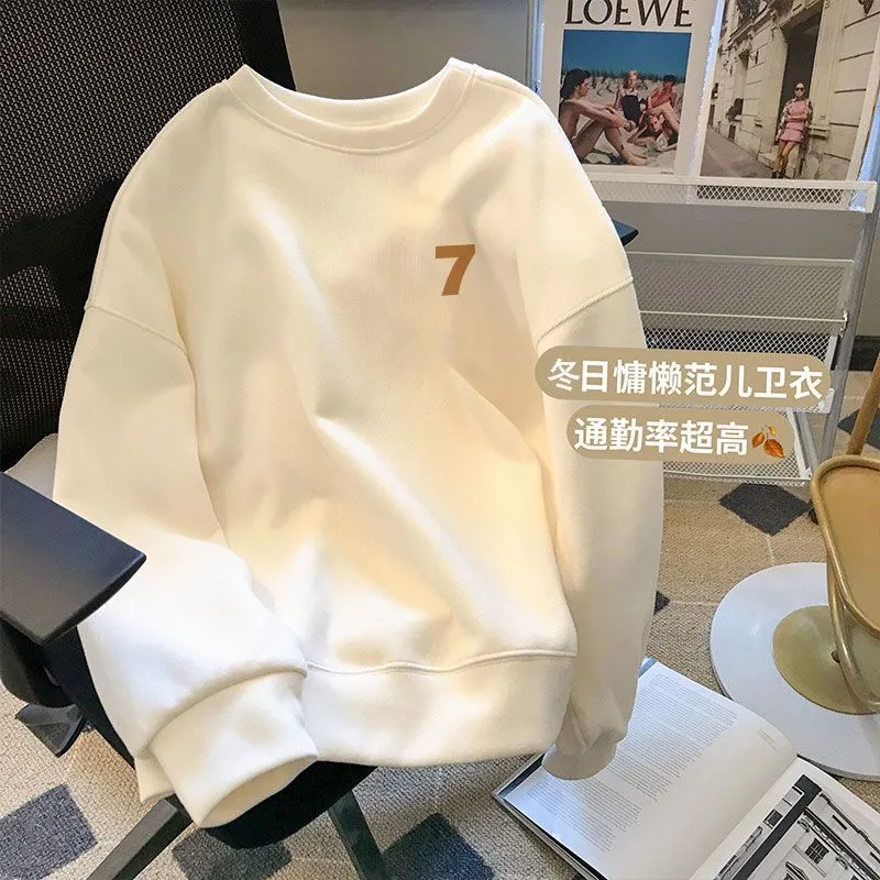 甜美vibe風氣質圓領衛衣奶杏色厚上衣加絨日系校園學生通勤簡約風
