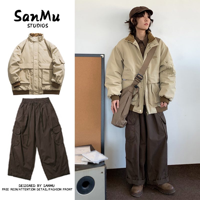 兩件裝/單件日系復古工裝棉衣加厚外套寬鬆男款棉服夾克冬季套裝