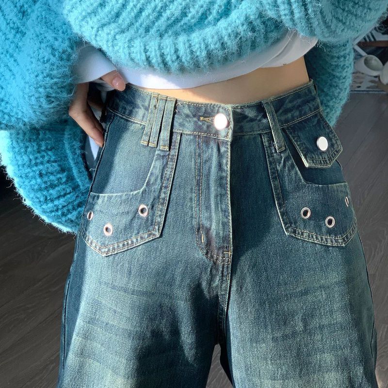 高街設計感ins寬鬆直筒牛仔褲女秋季新款復古寬鬆顯瘦闊腿長褲潮