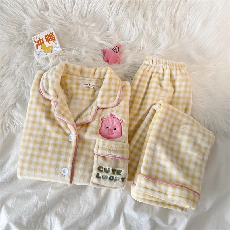 日系卡通睡衣女款秋冬季珊瑚絨加厚加絨可愛法蘭絨家居服外穿套裝