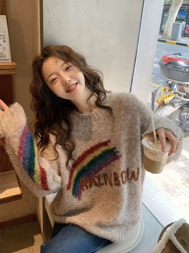 XJ家高級感軟糯毛衣女慵懶寬鬆大碼超好看的彩虹針織衫套頭外穿