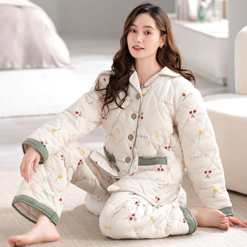 中老年人媽媽睡衣女加厚純棉夾棉秋冬季時尚休閒寬鬆卡通外穿套裝