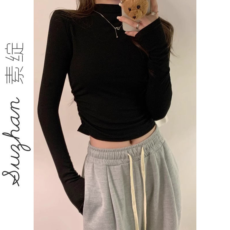 韓版半高領長袖內搭t恤女秋冬黑色修身休閒時髦顯瘦露臍短款上衣