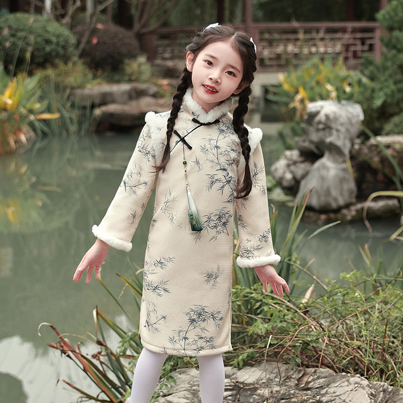 女童旗袍2023新款加絨過年拜年服女冬新年裝中國風兒童連衣裙冬季
