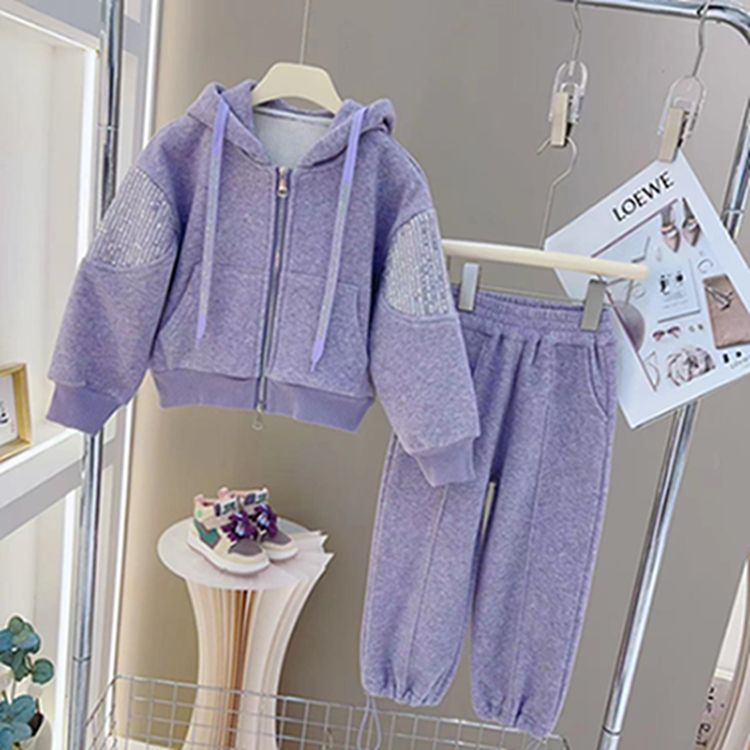 Internet celebrity girls autumn and winter suit  new medium and large children winter zipper sequined cardigan and velvet sweatpants two-piece set