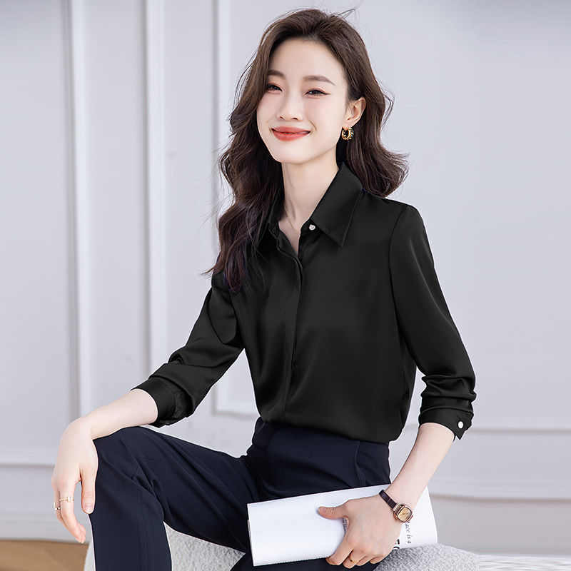 黑色襯衫女長袖高端醋酸緞面上衣春秋季2023新款氣質職業正裝套裝