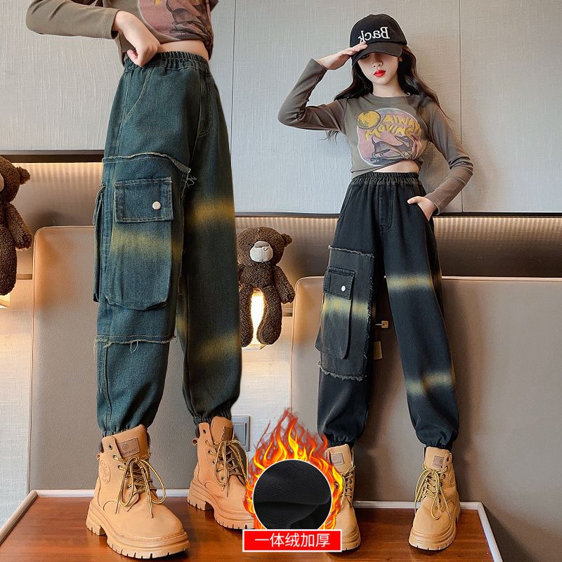 女童褲子工裝褲秋冬裝洋氣兒童保暖長褲中大童加絨加厚炸街牛仔褲