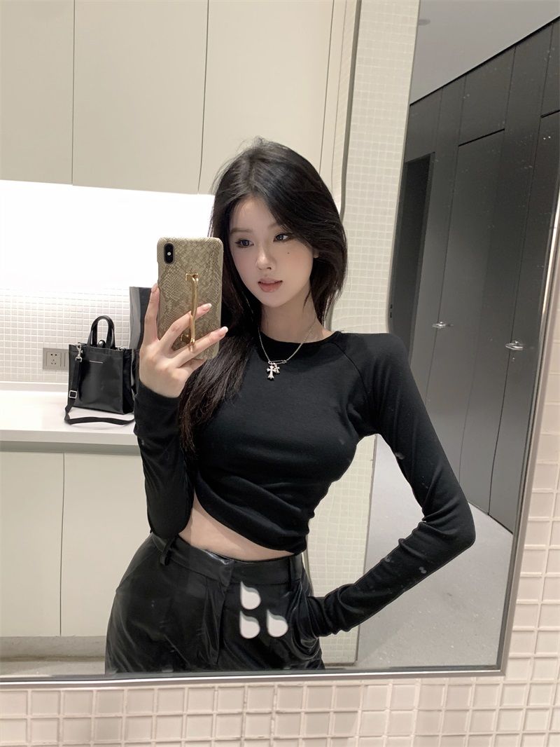 t恤女美式御姐風后背個性印花設計感圓領長袖秋季新款修身短上衣