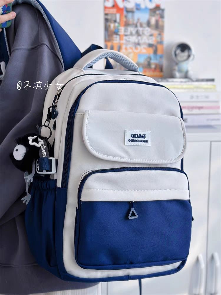 撞色百搭大容量書包日系ins學生小眾雙肩包美式復古電腦旅行背包