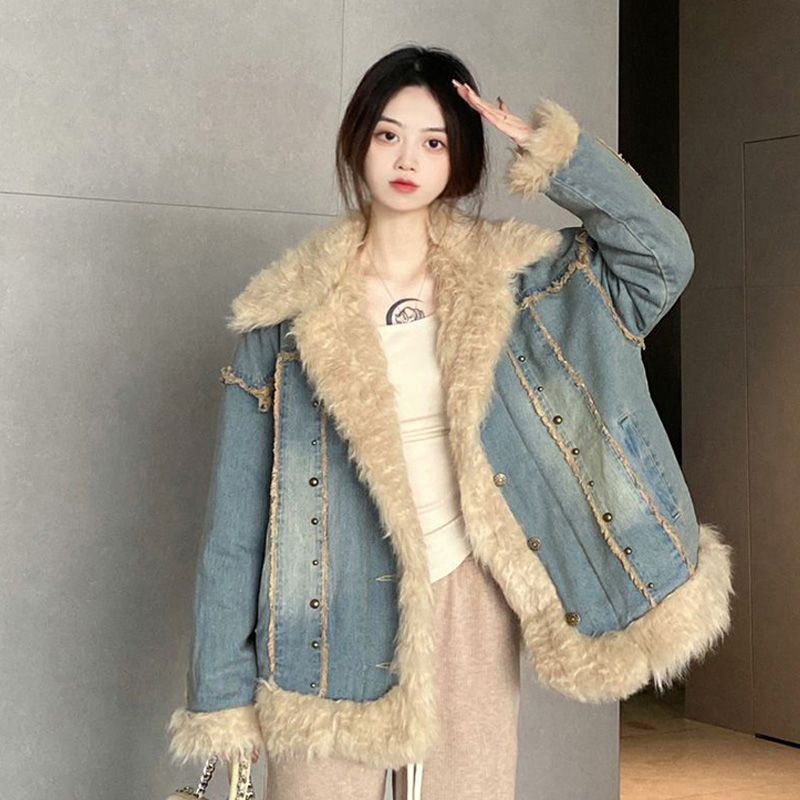 復古牛仔棉服女冬季2023新款加絨加厚毛毛外套保暖寬鬆棉衣夾克潮