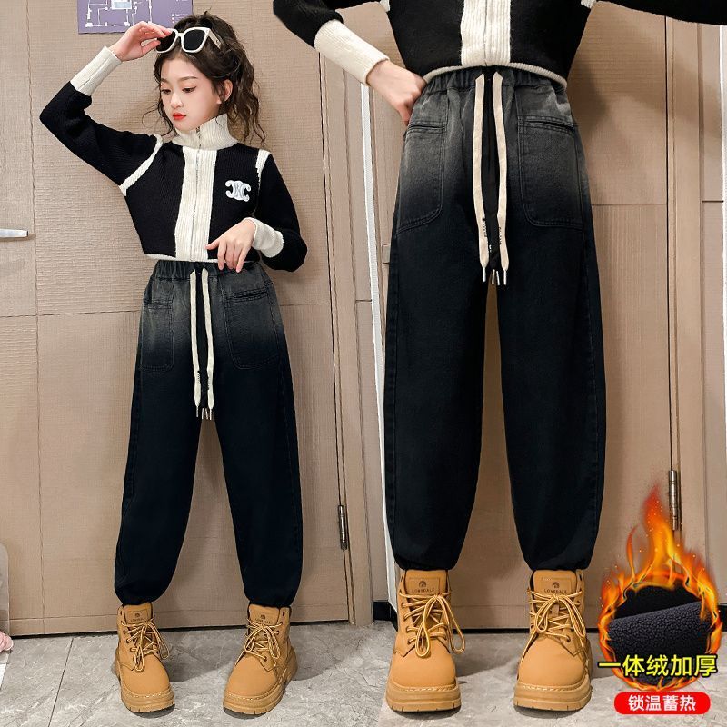 女童牛仔褲秋冬加絨加厚兒童一體絨時髦褲子女大童外穿冬季老爹褲