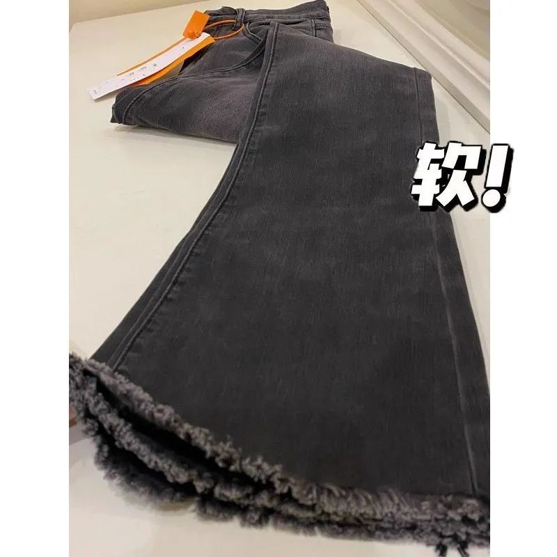黑灰色毛邊微喇牛仔褲女春秋新款高腰彈力修身顯瘦高個子馬蹄褲潮