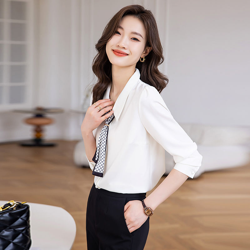 白色長袖襯衫女春秋2023新款職業正裝上衣上班工作服面試高端襯衣