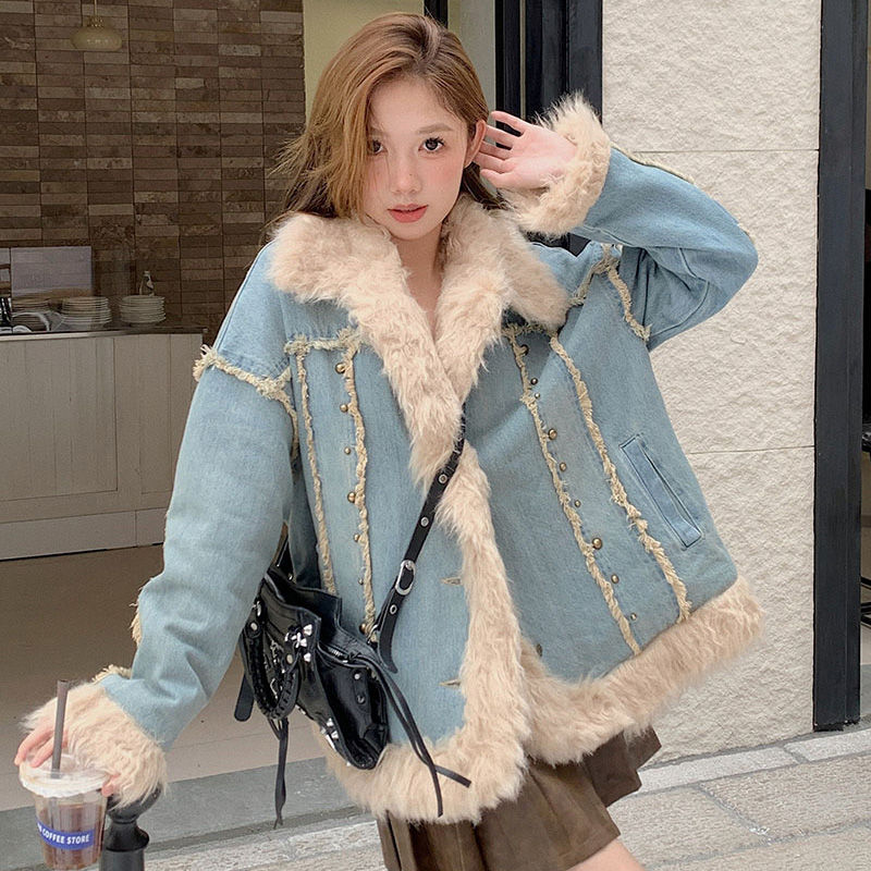 秋冬美式復古水洗牛仔羊羔毛外套女鉚釘設計感毛毛棉服女冬季新款