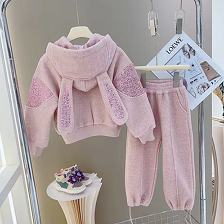 Internet celebrity girls autumn and winter suit  new medium and large children winter zipper sequined cardigan and velvet sweatpants two-piece set