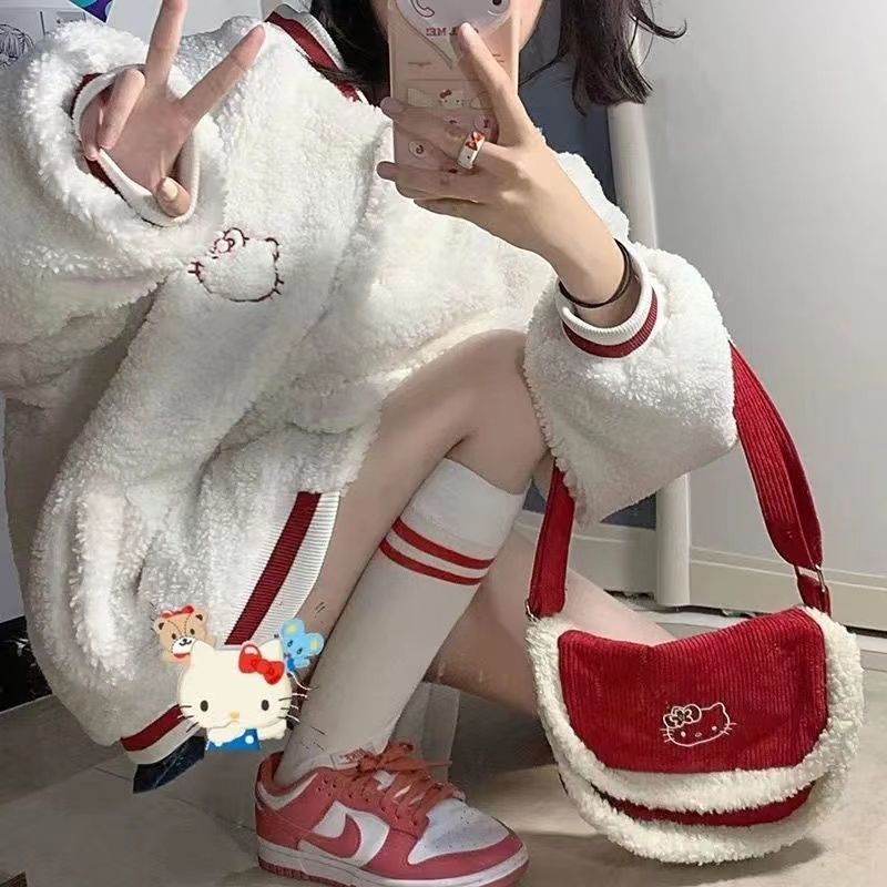 Milky white coat for girls in autumn and winter 2023 new style for junior high school and high school students loose plus velvet and thickened kitty cat