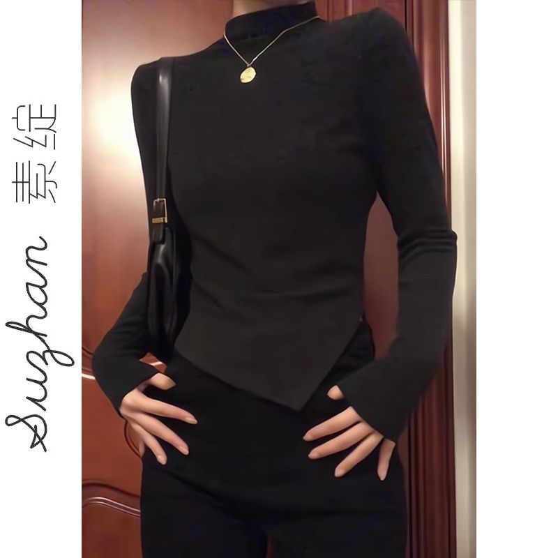 黑色半高領T恤秋冬款設計小眾長袖打底衫女修身氣質甜辣顯瘦上衣