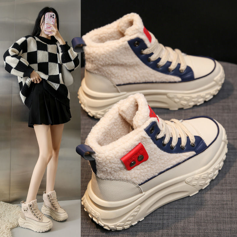  new winter ins trendy Korean version plus velvet casual high-top women's shoes lambswool warm thick-soled height-increasing shoes for women