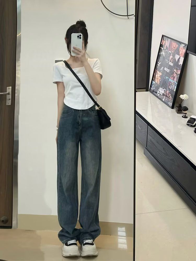 直筒牛仔褲女2023年新款窄版闊腿褲小個子高腰春秋款顯瘦煙管褲子