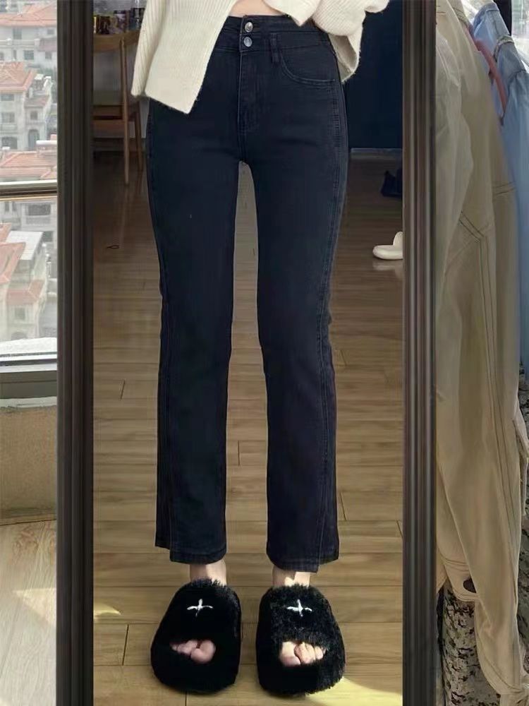 黑色開叉直筒牛仔褲女早秋裝新款大碼胖mm高腰顯瘦遮胯九分煙管褲
