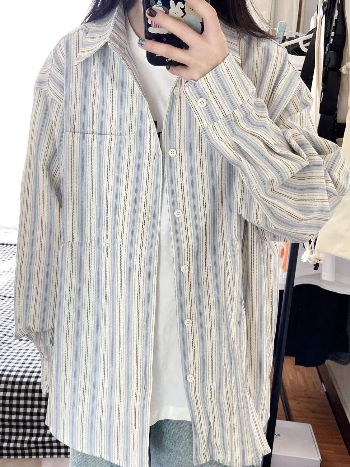 藍色條紋襯衫女2023新款慵懶風寬鬆感中長款情侶襯衣外穿開衫ins